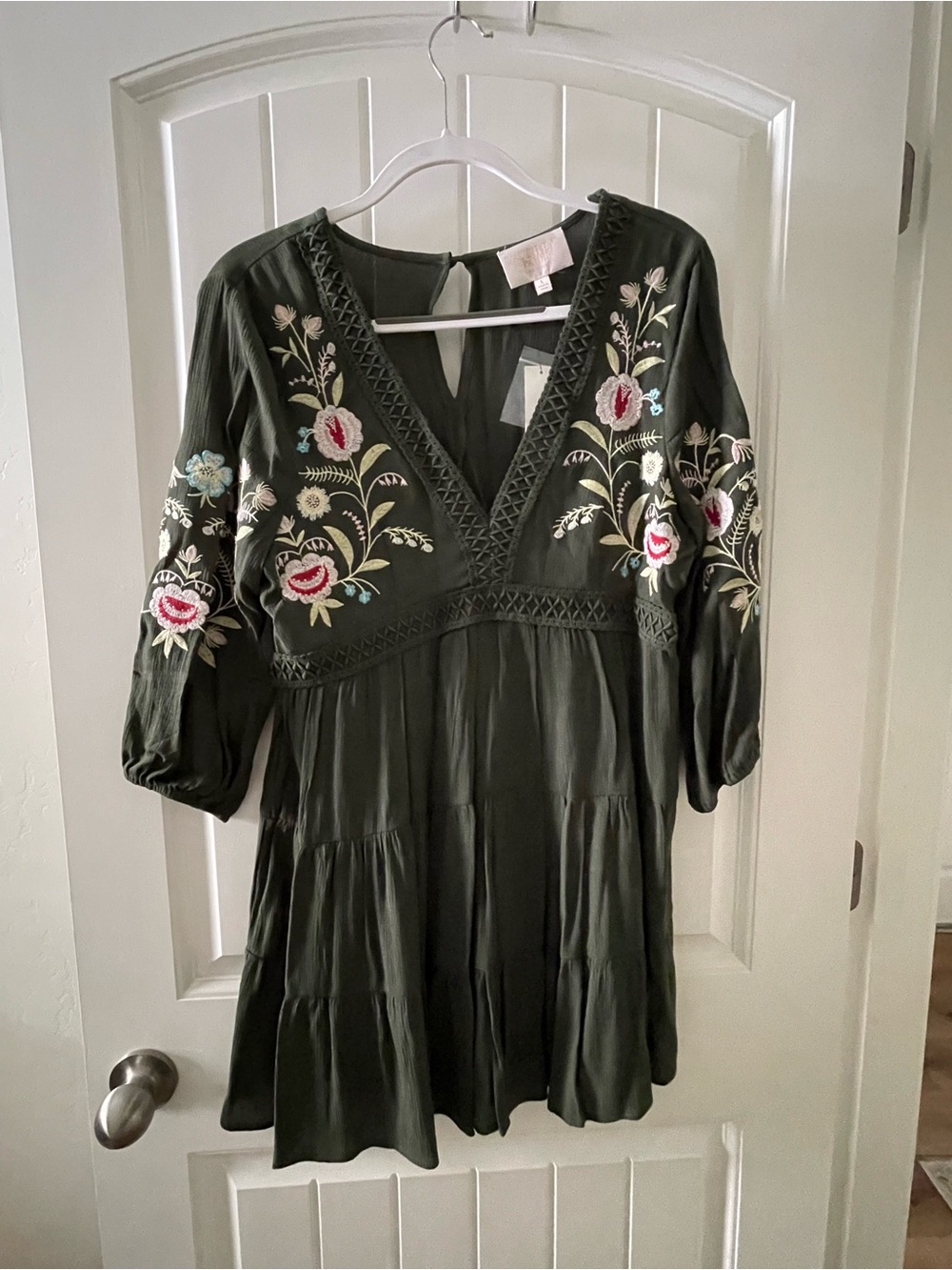 Francesca's Olive Green Embroidered V-Neck Tunic